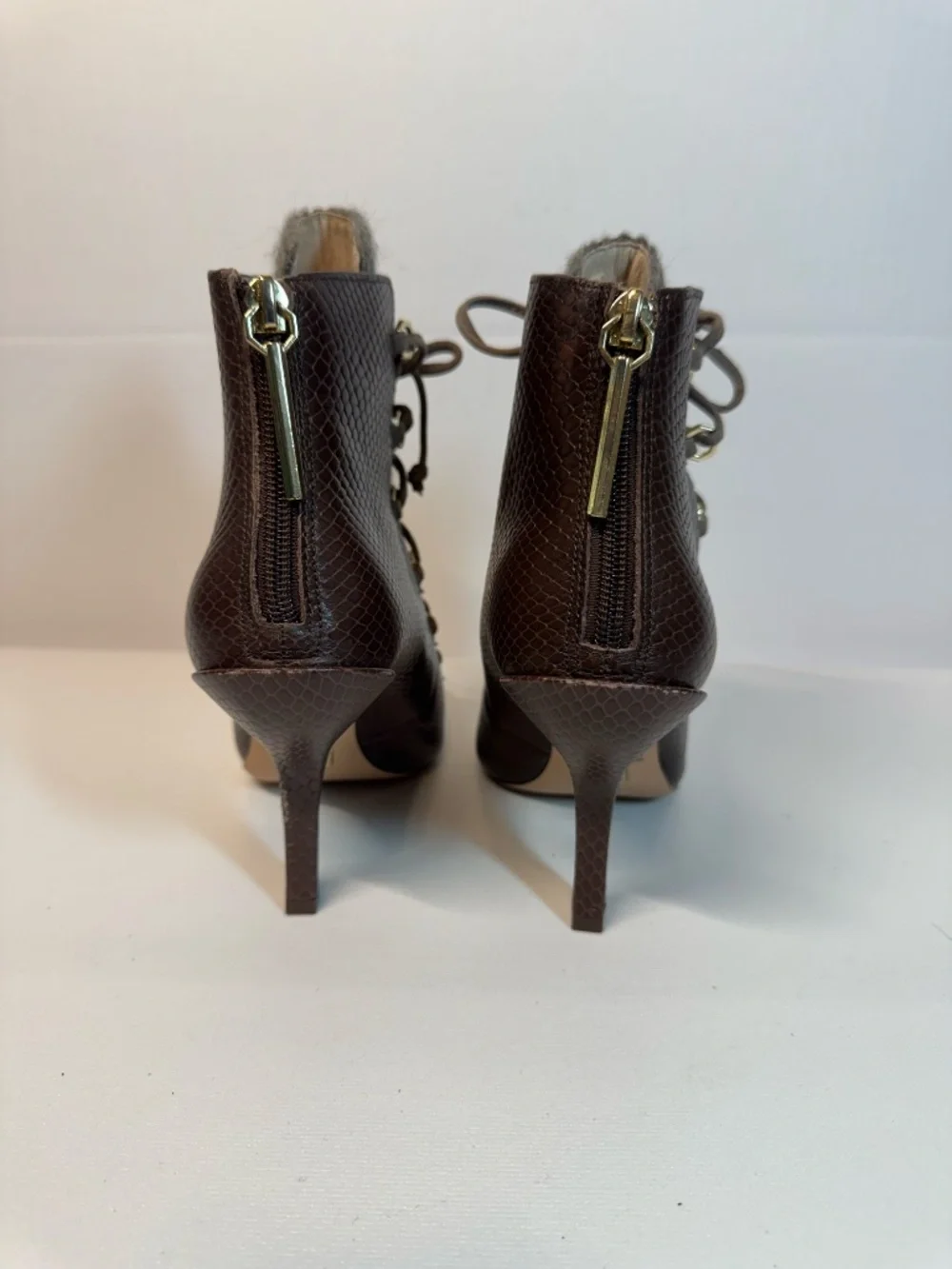 Louise et Cie Brown Reptile Lace Up Pointed Toe Wool Booties 6.5